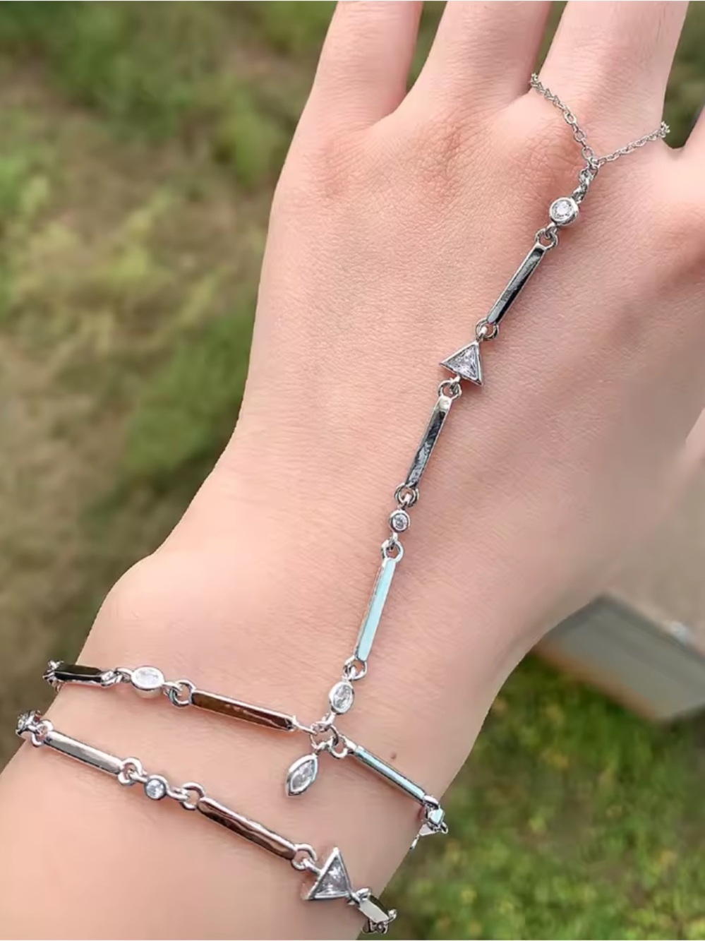 Sterling Silver Geometric Bar & Crystal Hand Chain Bracelet - Silver